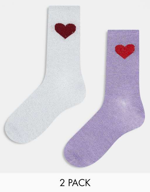 Pieces - Confezione da 2 paia di calzini lilla e bianchi con cuori