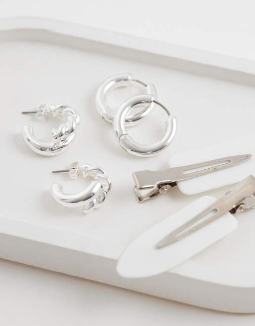 Pieces - Confezione da 2 paia di orecchini a cerchio intrecciati tonalità argento, 2 di 4