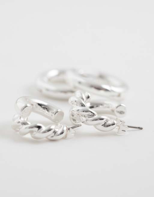 Pieces - Confezione da 2 paia di orecchini a cerchio intrecciati tonalità argento, 3 di 4
