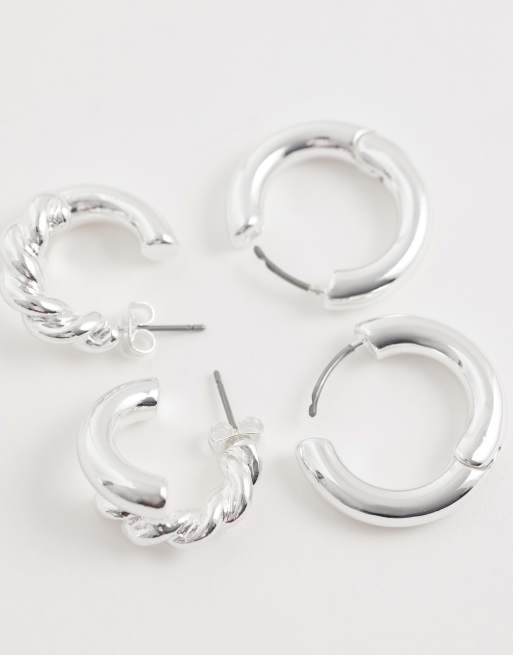 Pieces - Confezione da 2 paia di orecchini a cerchio intrecciati tonalità argento, 4 di 4