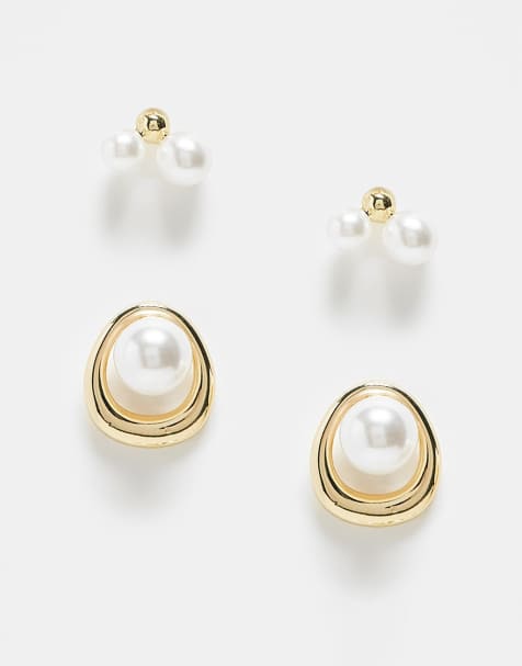 Pieces - Confezione da 2 paia di orecchini dorati a bottone con perle - view 1