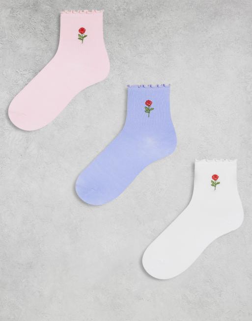 Pieces - Confezione da 3 calzini multicolore con rosa ricamata