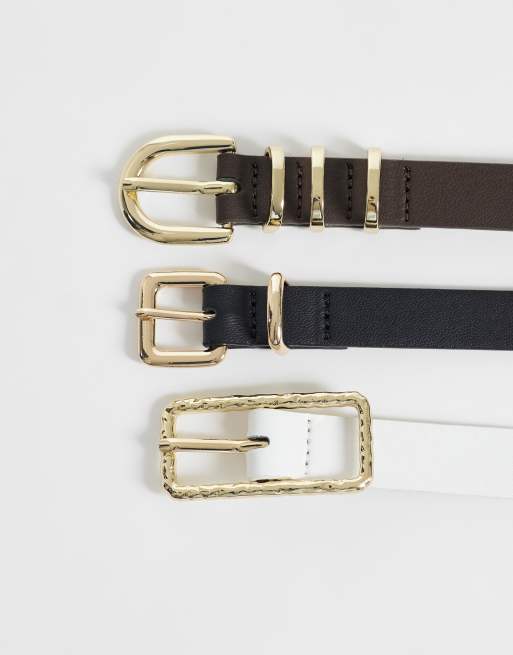 Pieces - Confezione da 3 cinture nere, marroni e bianche con fibbia dorata, 3 di 3