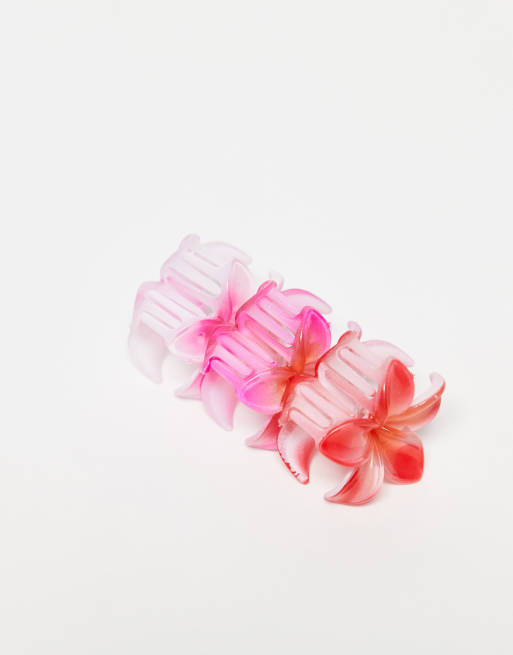 Pieces - Confezione da 3 pinzette per capelli a forma di fiori hawaiani verdi e arancioni, 2 di 3