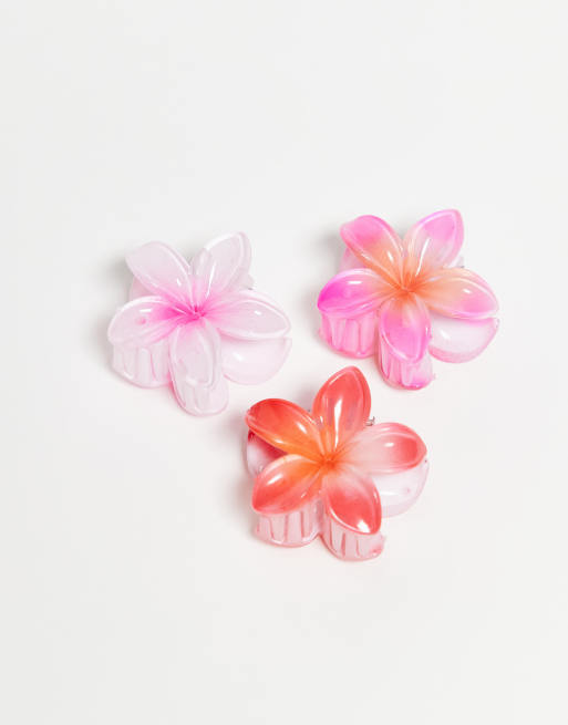 Pieces - Confezione da 3 pinzette per capelli a forma di fiori hawaiani verdi e arancioni, 3 di 3