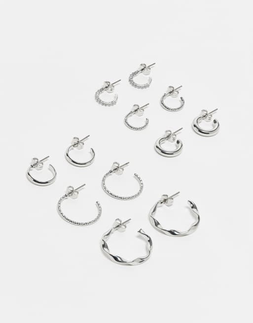 Pieces - Confezione da 6 paia di orecchini a cerchio color argento con design misto