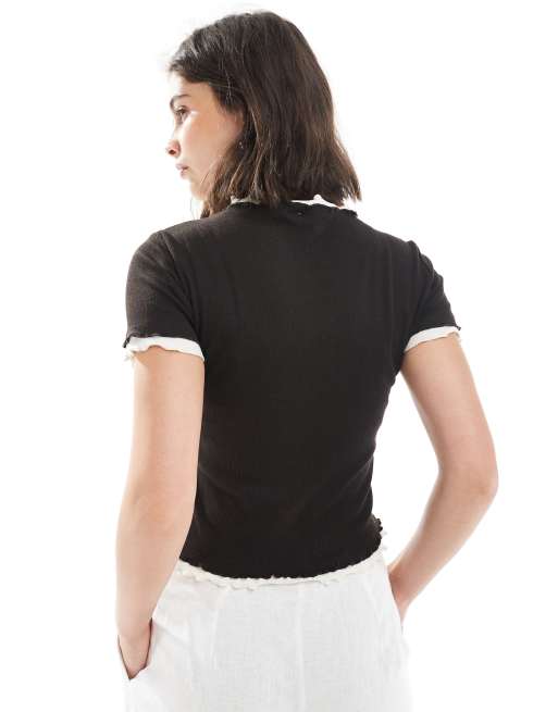 Pieces contrast frill sleeve knitted top in chocolate brown, 4 of 4