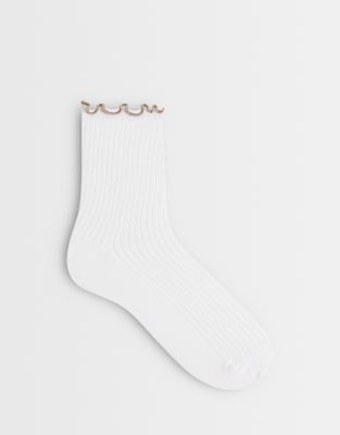 Pieces Contrast Frill Trim Socks In White