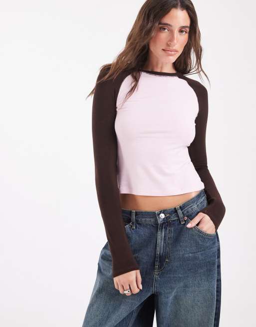 Pieces contrast long sleeve slim t-shirt in light pink and brown, 3 of 4