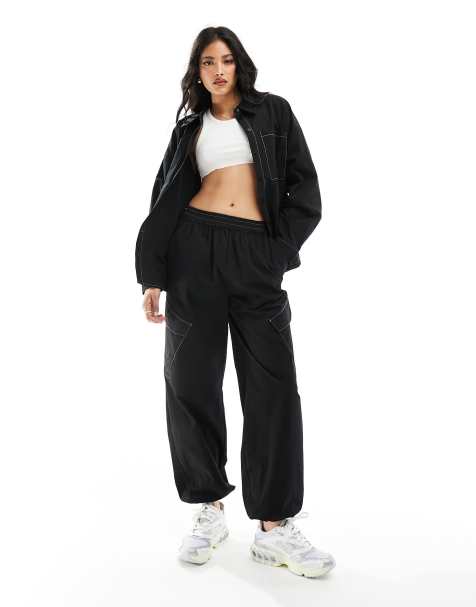Pieces contrast stitch cargo pants in black - part of a set - view 1