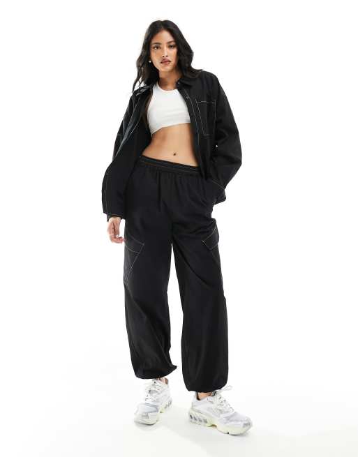 Pieces contrast stitch cargo pants in black - part of a set