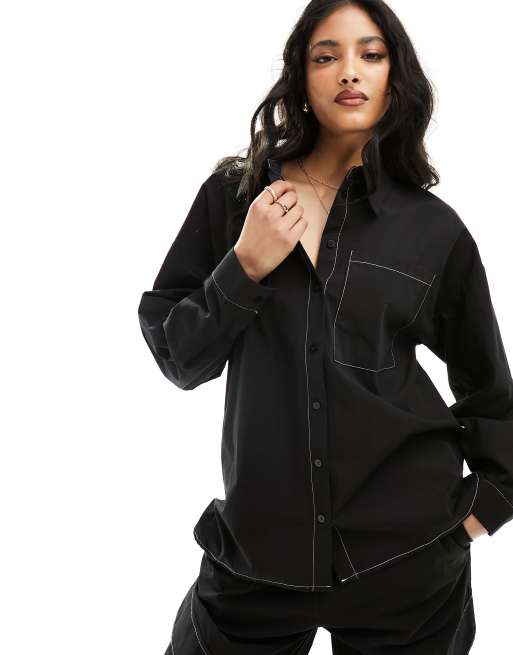 Pieces contrast stitch shirt in black (part of a set)