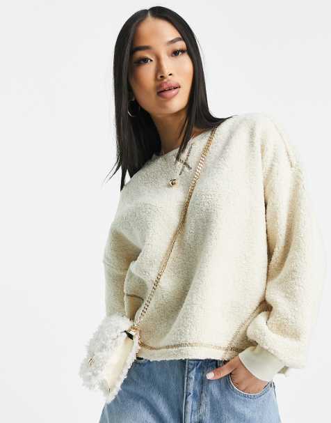 Pieces contrast stitch teddy sweatshirt in cream