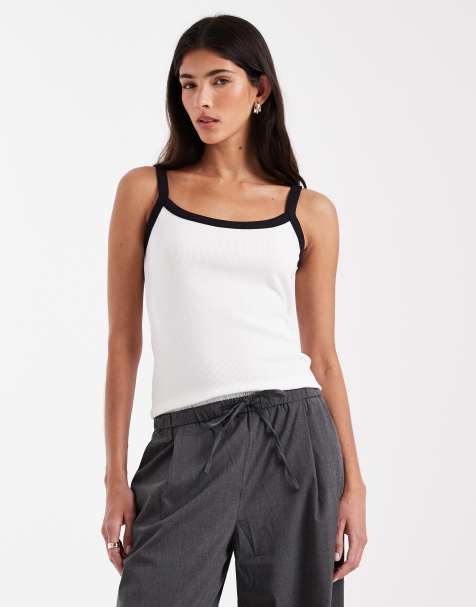 Pieces contrast trim cami top in white - view 1