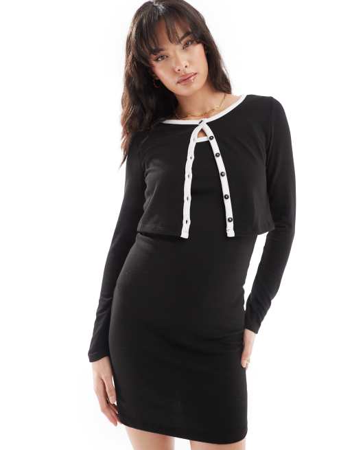Pieces contrast trim cropped cardigan in mono (part of a set)