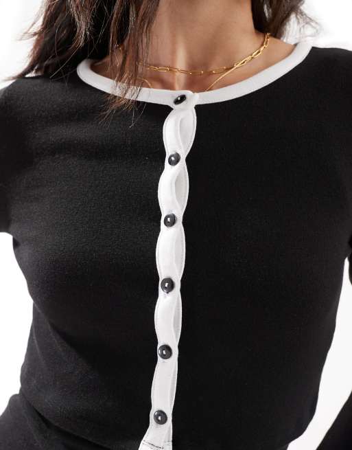 Pieces contrast trim cropped cardigan in mono (part of a set), 2 of 4