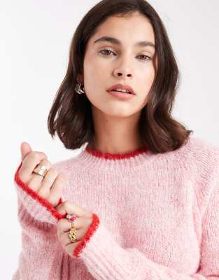 Pieces Contrast Trim Knit Sweater In Pink