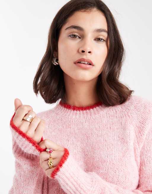 Pieces contrast trim knit sweater in pink, 2 of 4