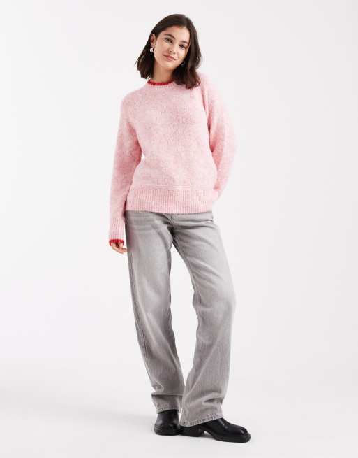 Pieces contrast trim knit sweater in pink, 4 of 4