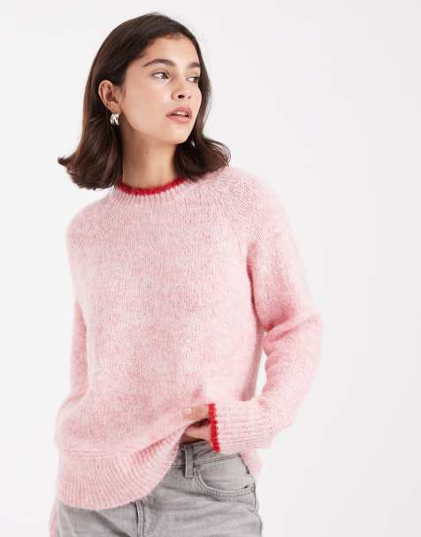 Pieces contrast trim knitted jumper in pink