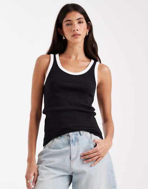 Pieces contrast trim singlet top in black - view 1