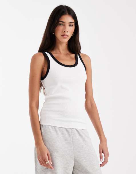 Pieces contrast trim tank top in white - view 1