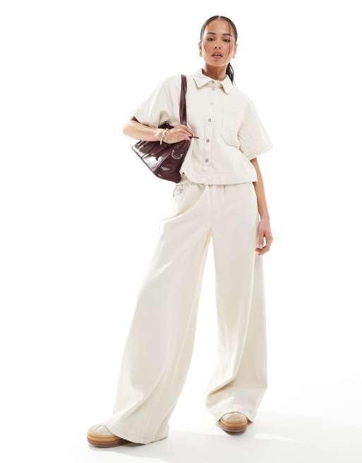 Pieces - Coordinato color panna in twill testurizzato con camicia e pantaloni