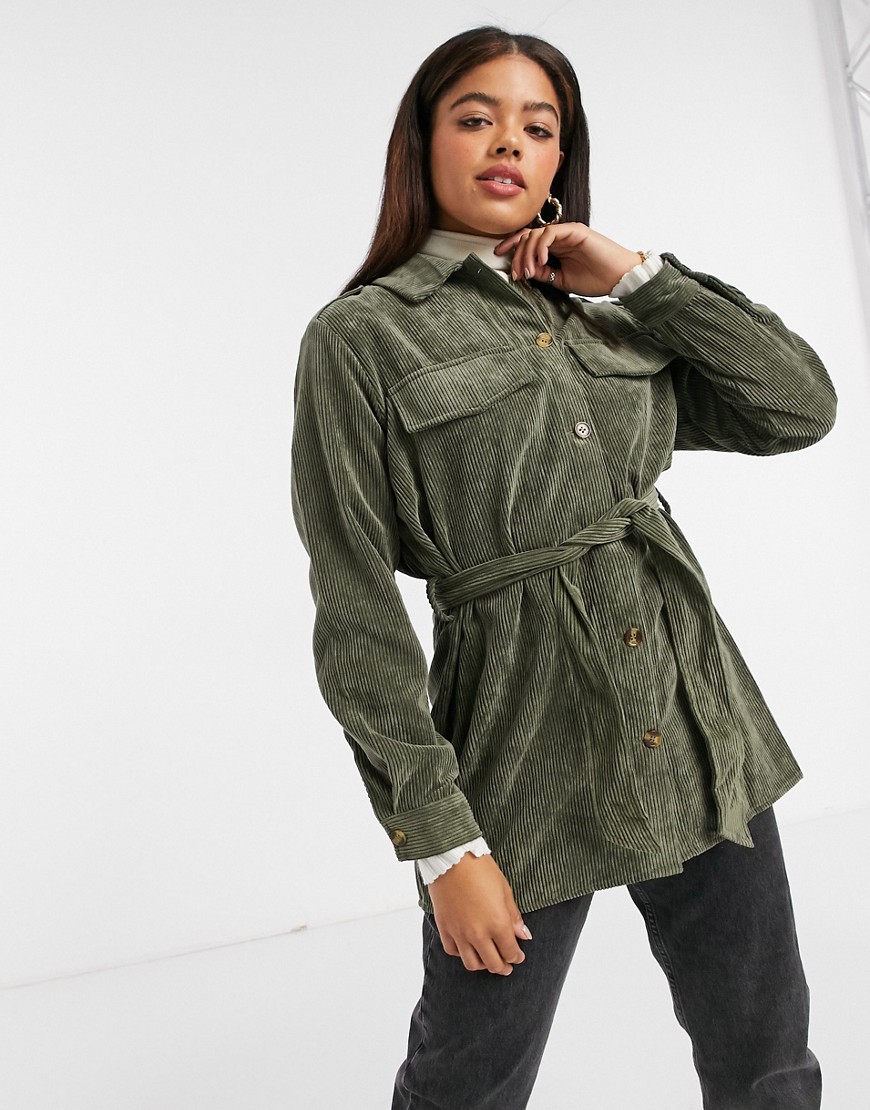 Pieces cord shacket with tie waist in khaki-Green