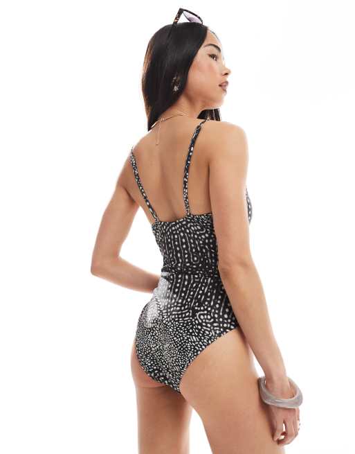 Pieces - Costume da bagno con scollo squadrato e stampa animalier, 2 di 4