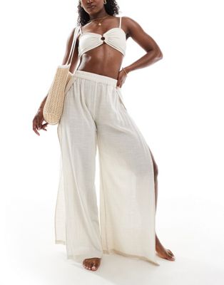 cotton beach pants in cream - part of a set-White