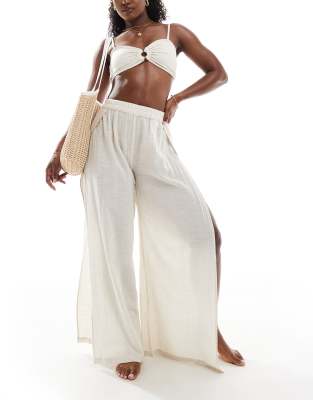 Pieces cotton beach trouser co-ord in cream-White