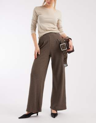 Pieces Cotton Blend Salt And Pepper Wide Leg Tailored Pants In Brown