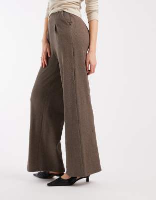 Pieces Cotton Blend Salt And Pepper Wide Leg Tailored Pants In Brown