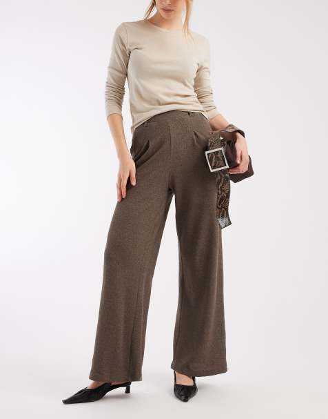 Pieces cotton blend salt and pepper wide leg tailored trousers in light brown