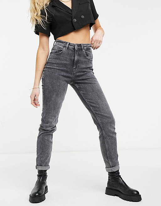 Pieces cotton blend slim leg mom jeans in washed grey - GREY