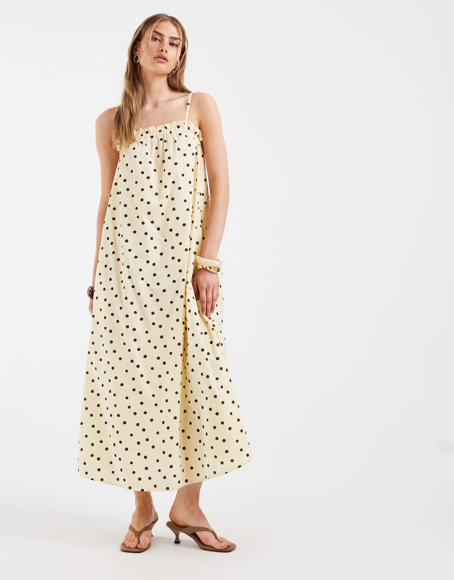 pieces cotton cami maxi dress in yellow and brown polka dot print