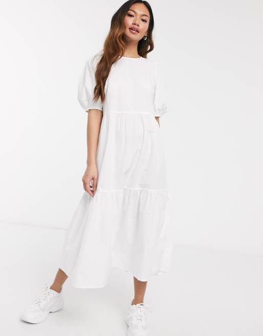 Pieces Cotton Midi Smock Dress With Puff Sleeve In White Asos 2369