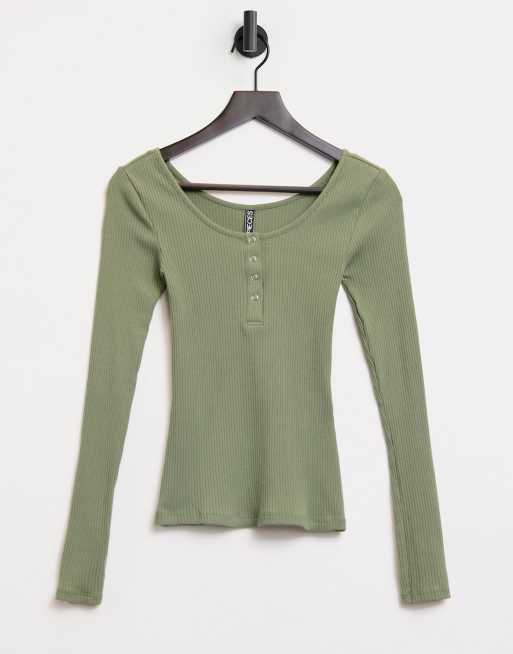 Pieces cotton ribbed top with button down in khaki - MGREEN