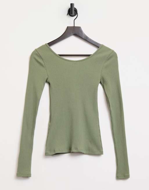 Pieces cotton ribbed top with button down in khaki - MGREEN, 2 of 4