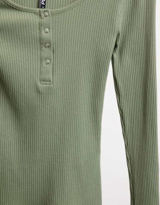 Pieces cotton ribbed top with button down in khaki - MGREEN, 3 of 4
