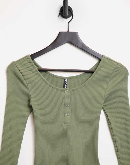 Pieces cotton ribbed top with button down in khaki - MGREEN, 4 of 4