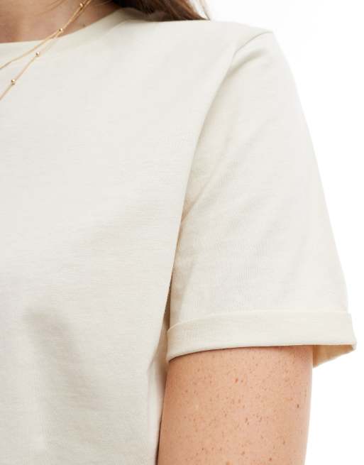 Pieces cotton t-shirt with fold up detail in cream, 2 of 4