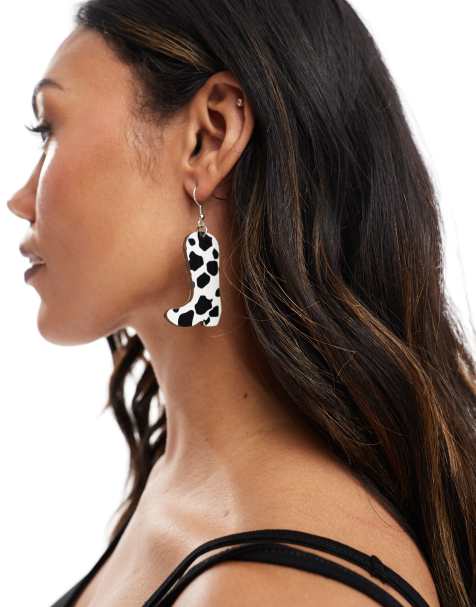 Pieces cowboy boot earrings in cow print - view 1