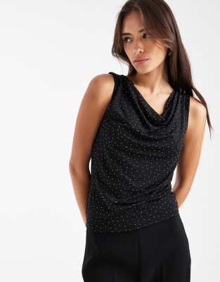 Pieces Cowl Neck Diamante Backless Top In Black