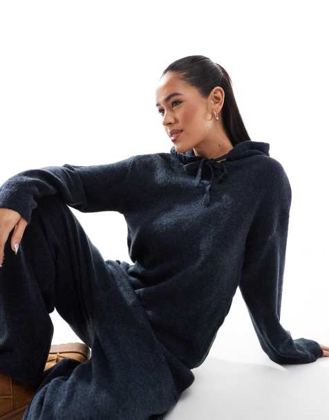 Pieces cozy knitted hoodie co-ord in navy melange - view 1