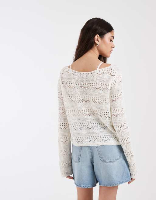 Pieces - Cremefarvet striktrøje med hæklet look, 4 af 4