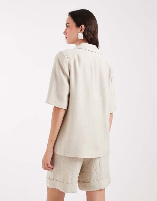 PIECES - Cremehvid skræddersyet blazer med korte ærmer i hørlook - Del af sæt, 4 af 4