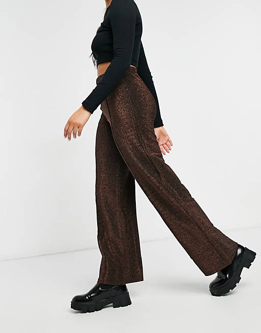 Pieces Crina wide leg high waisted trousers in brown