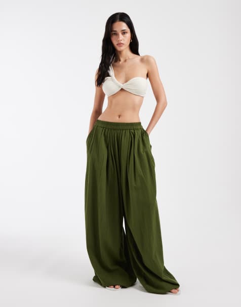 PIECES crinkle cotton balloon sleeve pants in chive green - view 1
