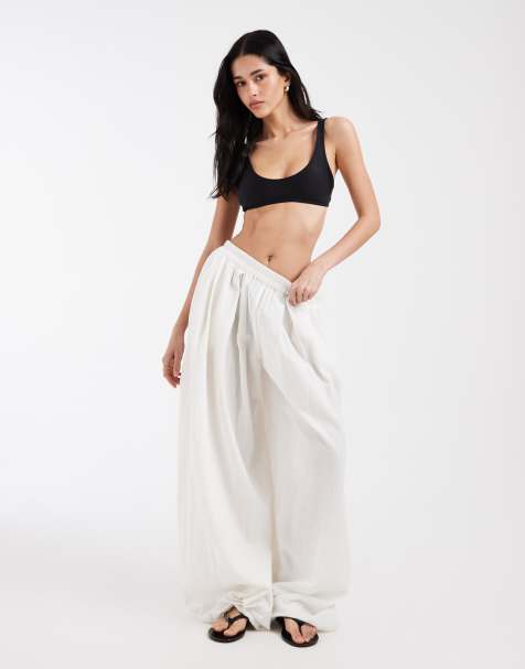 Pieces crinkle cotton balloon sleeve pants in white - view 1